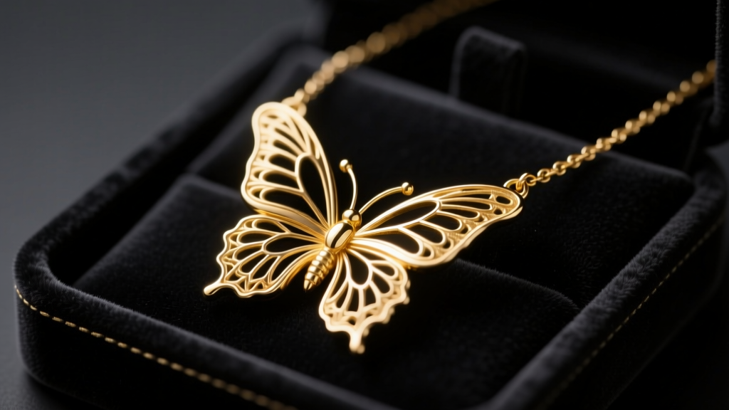 Macro photography of a delicate 14k solid gold butterfly necklace resting on a dark velvet jewelry tray, soft studio lighting