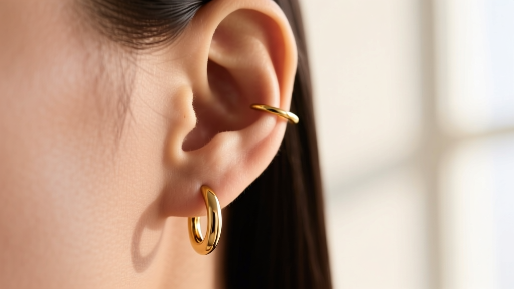 Close-up of an earlobe wearing a thin 22-gauge gold hoop, showing slight downward pull and the potential cheese-cutter effect.