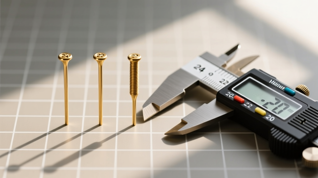 Macro shot of 24, 22, and 20 gauge brass headpins on a grid mat next to a digital caliper measuring the exact wire gauge thickness