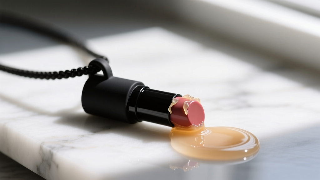 Macro shot of a matte black silicone chapstick necklace pendant on white marble, showing waxy lip balm residue nearby