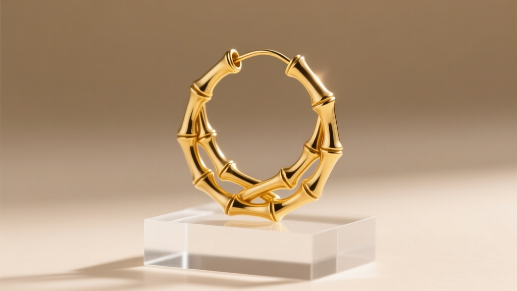 Close-up of a gold bamboo hoop earring on a display, highlighting the interlocking node design against soft, warm studio lighting