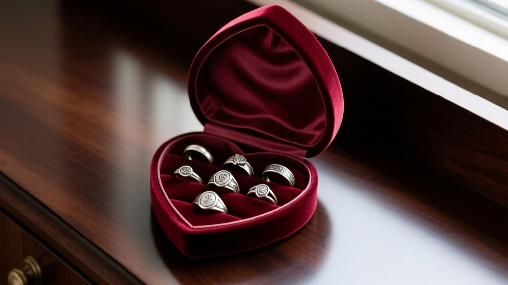 Top-down view of an open burgundy velvet heart jewelry box resting on a dark oak vanity, revealing tarnished silver rings inside.