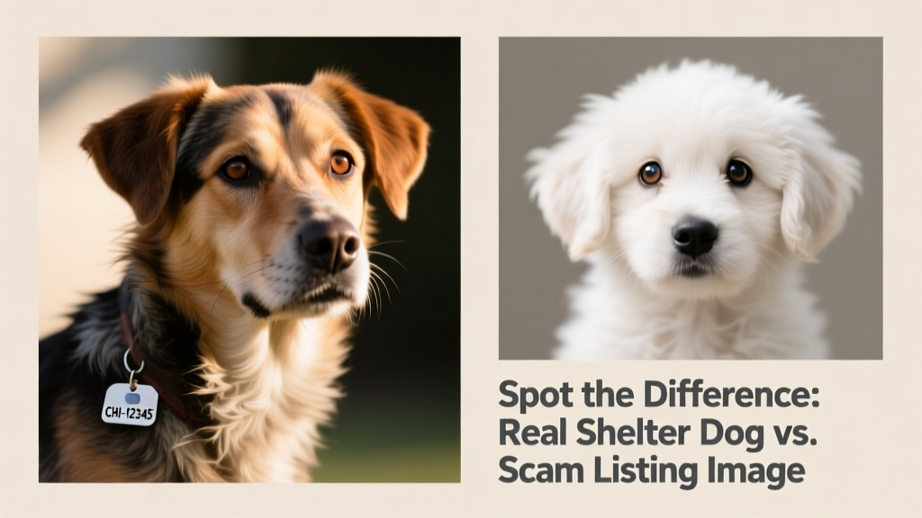 Side-by-side comparison: a well-lit, detailed photo of a real shelter dog with visible microchip tag versus a blurry, generic stock image of a puppy used in a scam listing