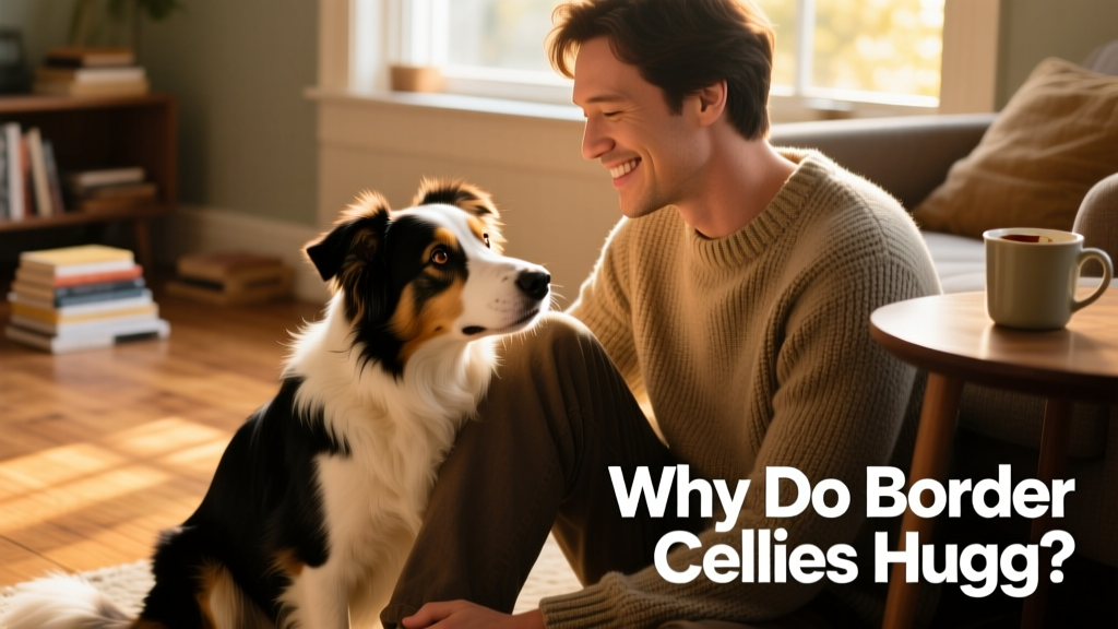 A Border Collie gently leaning against its owner's leg while making eye contact