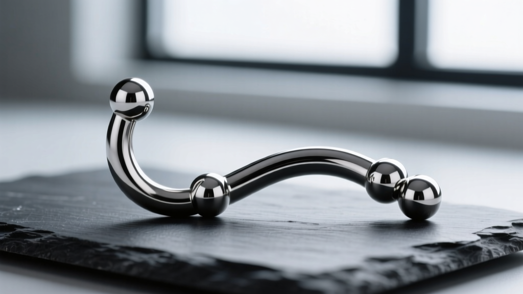 Macro photography of an ASTM F-136 implant-grade titanium curved barbell with polished beads resting on a dark slate surface
