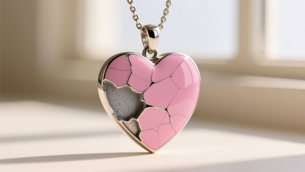 Macro view of chipped cold enamel on a pink heart pendant, revealing the dull grey zinc alloy base metal under the resin layer.