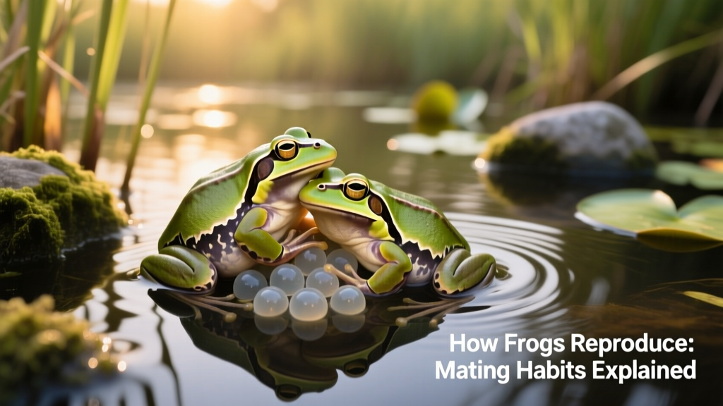 A pair of frogs in amplexus near a pond with floating eggs