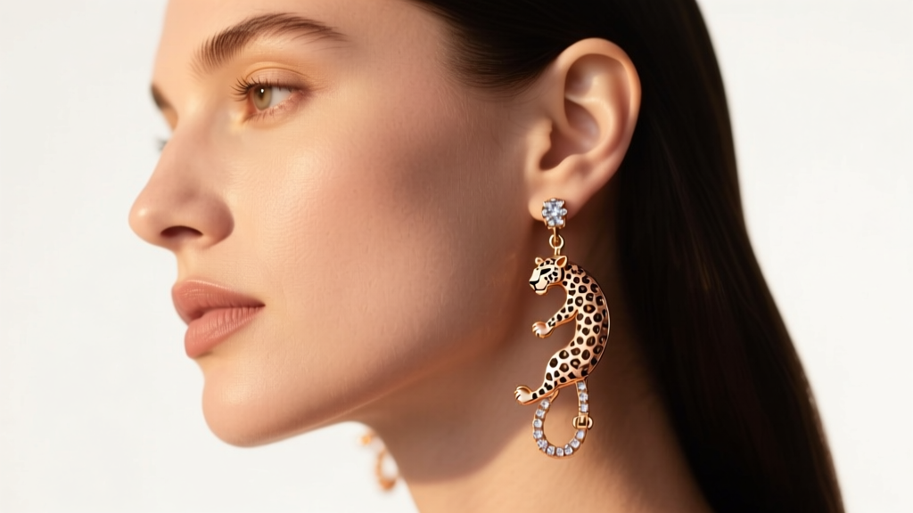 Elegant side profile of a woman wearing 14k rose gold articulated panther drop earrings with diamond accents in warm studio light.