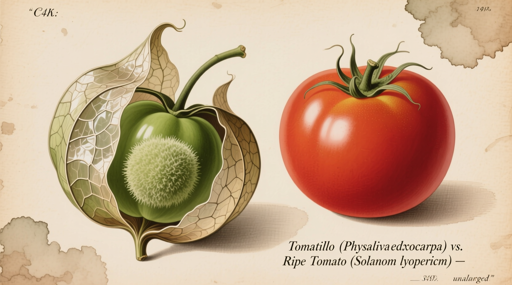 Tomatillo inside papery husk compared to ripe tomato