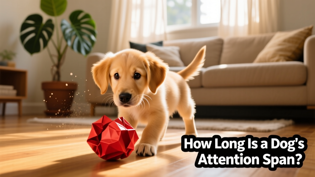 A curious puppy mid-play, looking intently at a toy in a sunlit living room