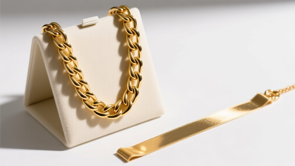 Thick gold chain hanging from a padded stand to avoid kinking, with an anti-tarnish strip placed right beside the gold chain links.