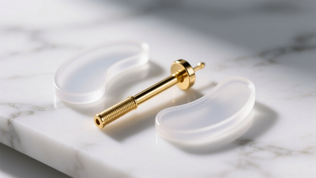 Macro shot of clear silicone earring support patches and an 18-gauge gold earring post resting on a white marble surface.