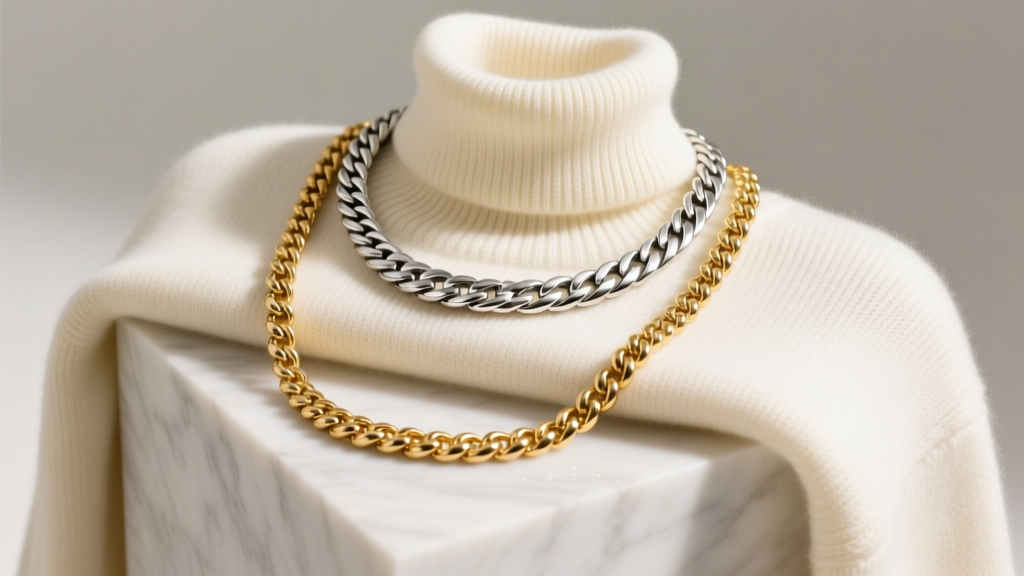 15-inch sterling silver herringbone choker and a 22-inch gold figaro chain resting on a cream-colored crew neck cashmere sweater.