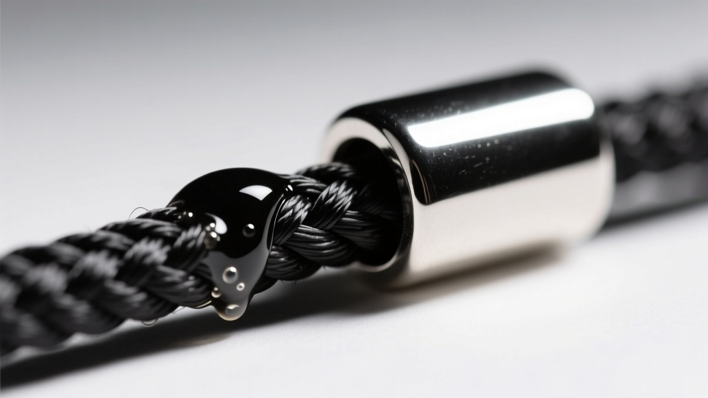 Macro shot of a melted and sealed end of a black C-Lon nylon cord next to a silver bail, showing a smooth, secure, rounded finish