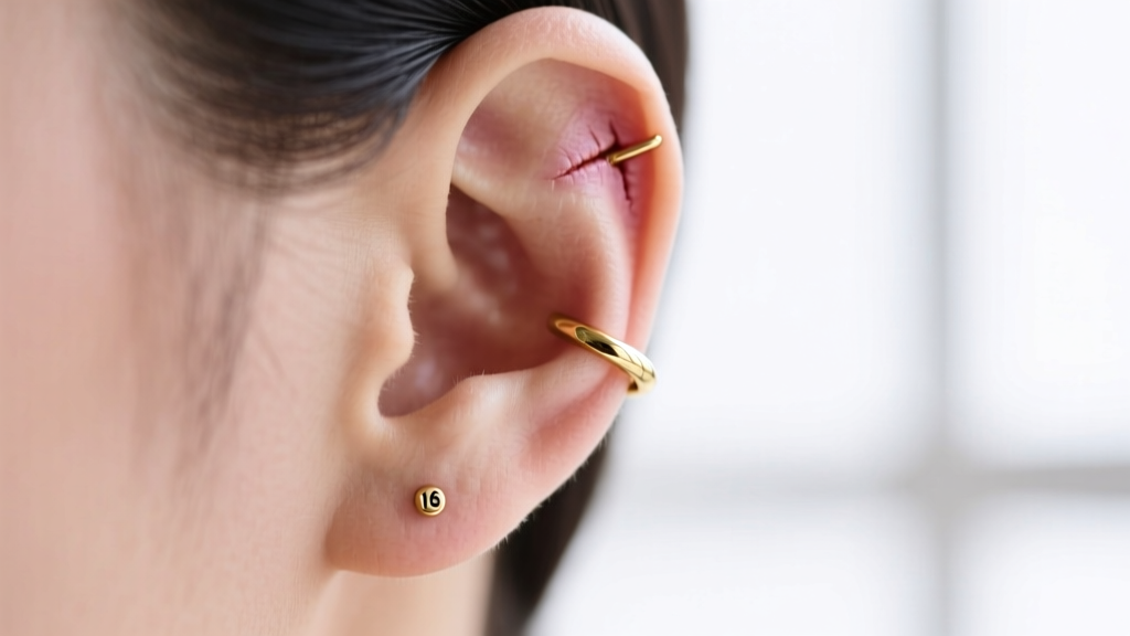 Side profile of a healed ear cartilage piercing with a 16-gauge gold clicker hoop, focusing on the healthy tissue and jewelry angle.