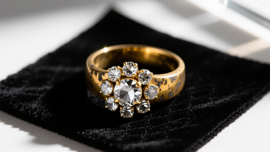 Overhead view of a tarnished gold-plated brass cocktail ring with cloudy rhinestones on a dark velvet cleaning mat