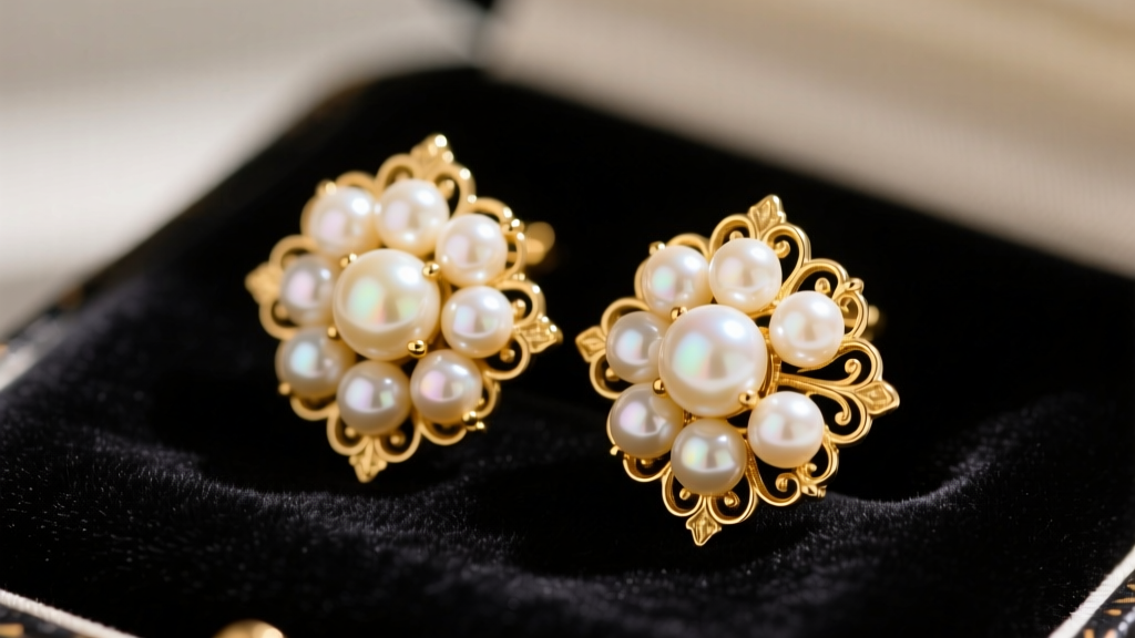 Close-up of 14k yellow gold vintage pearl cluster earrings with cream Akoya pearls resting on dark velvet appraisal cloth.