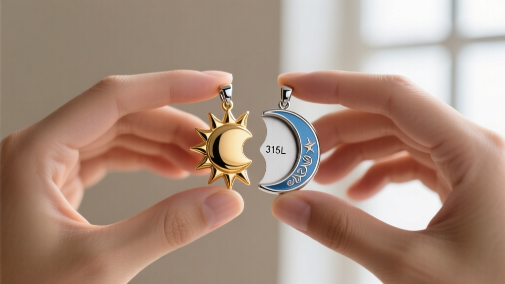 Two hands holding separate halves of a stainless steel sun and moon pendant, highlighting the laser-engraved 316L stamp on back.