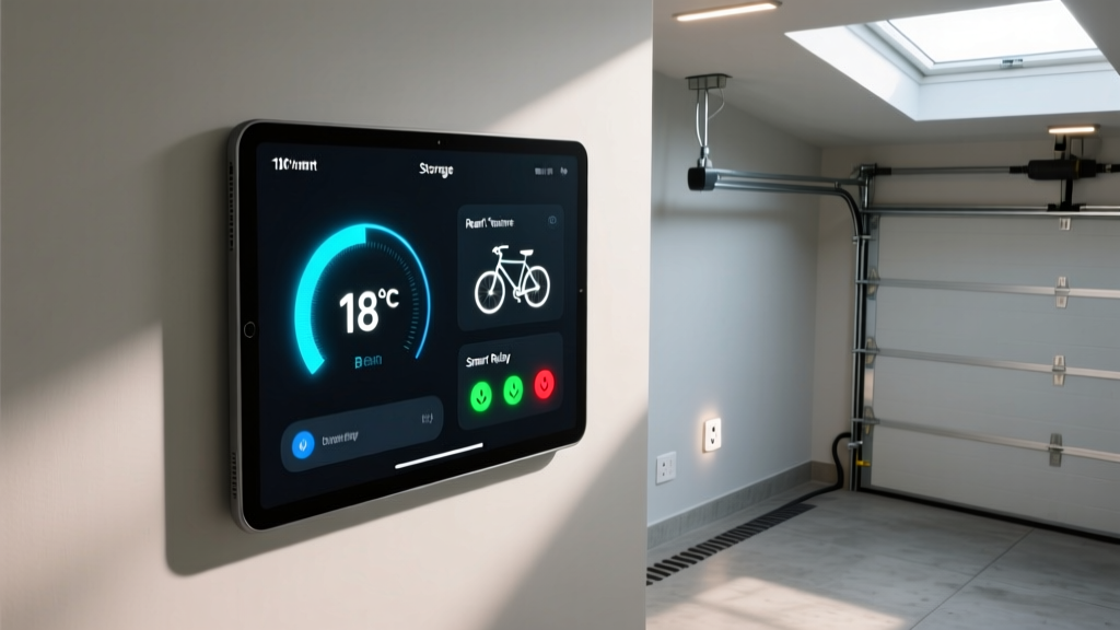 Overhead view of a smart home dashboard on a tablet mounted to a garage wall showing bike storage temperature and smart plug relay statuses