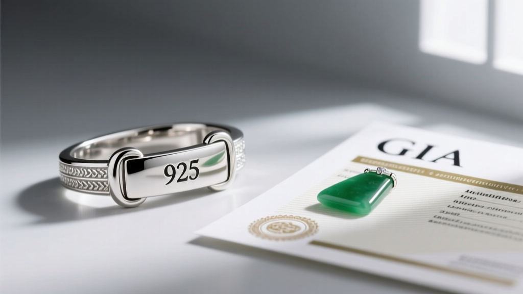 Close-up of a laser-engraved 925 hallmark on a sterling silver clasp next to a folded GIA jade authentication certificate