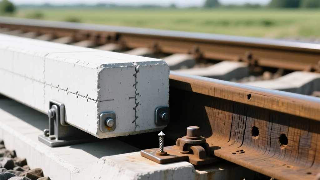 Prestressed concrete railway sleeper with steel shoulders beside a creosote-treated timber tie with steel tie plates and cut spikes