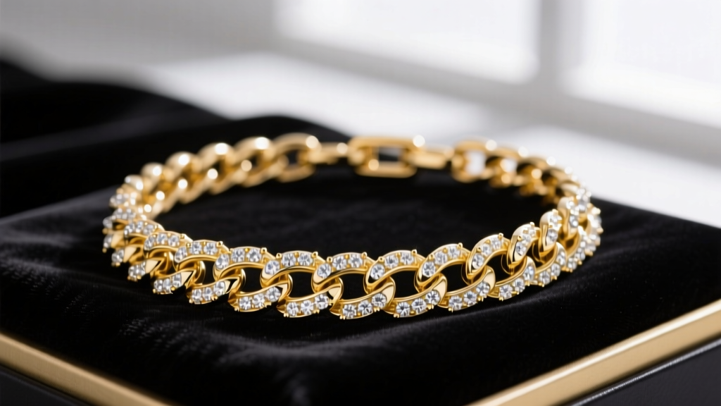 12mm iced-out Cuban link chain in 14k yellow gold with VVS lab diamonds resting on dark velvet for a luxury gift presentation