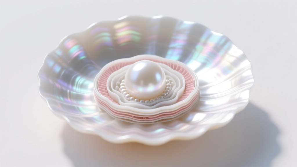 Cross-section diagram style photo showing thick nacre layers over a bead nucleus inside a luminous white South Sea pearl