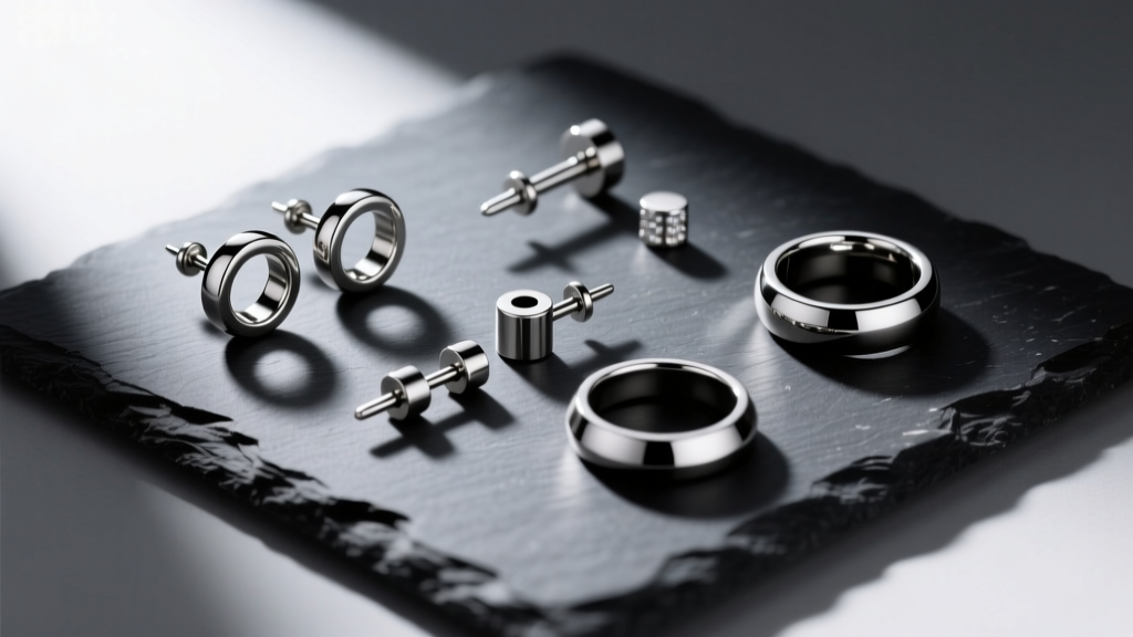 Flat lay of mens implant-grade titanium earrings, threadless labret studs and clicker rings on a dark slate surface.