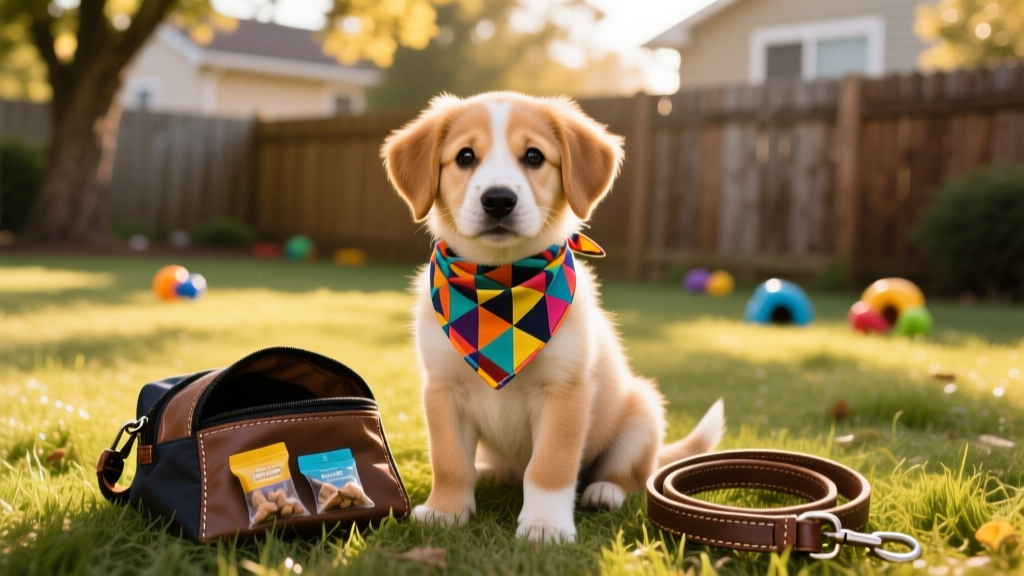 A young jug puppy wearing a colorful bandana, sitting calmly beside a training treat bag and leash