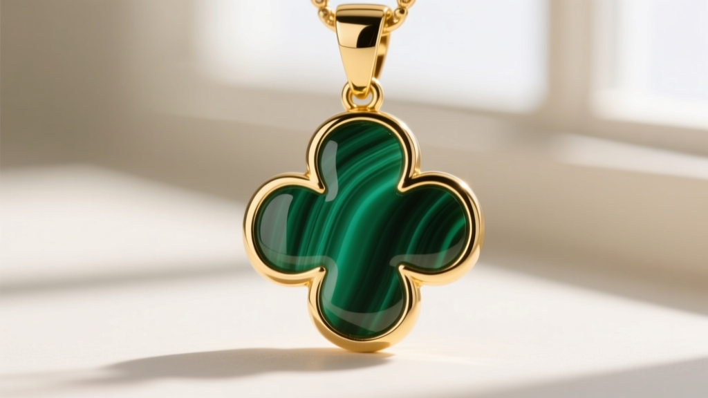 Macro shot of 14k solid gold clover pendant with green malachite inlay, showing the secure bezel setting and polished gold edges