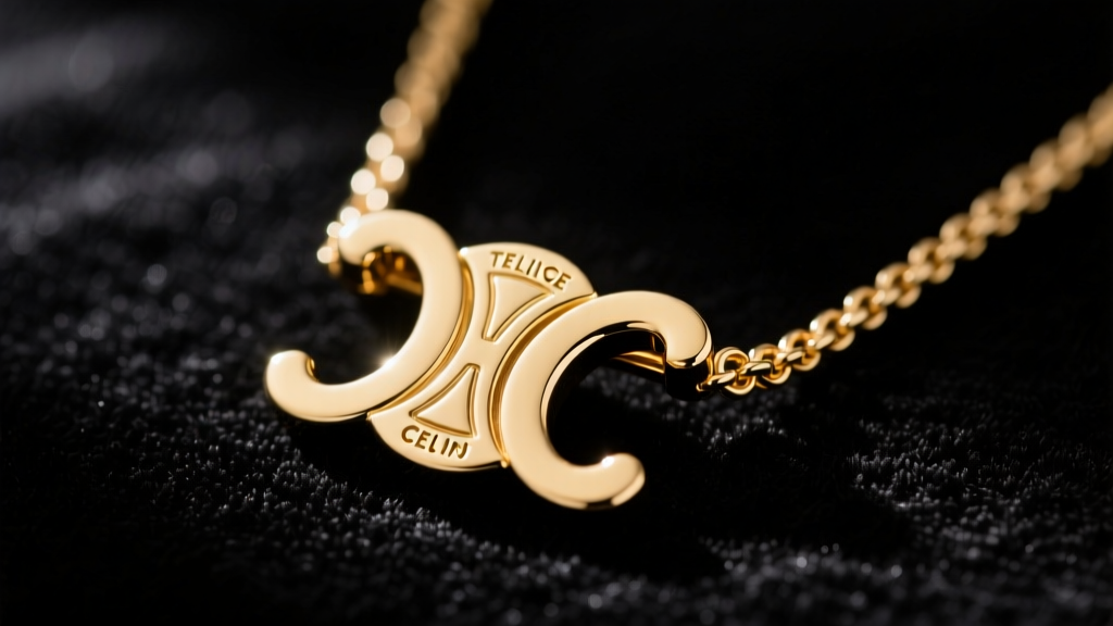 Close-up of authentic gold-plated Celine ID necklace on black velvet, highlighting crisp Triomphe logo engraving and clasp.
