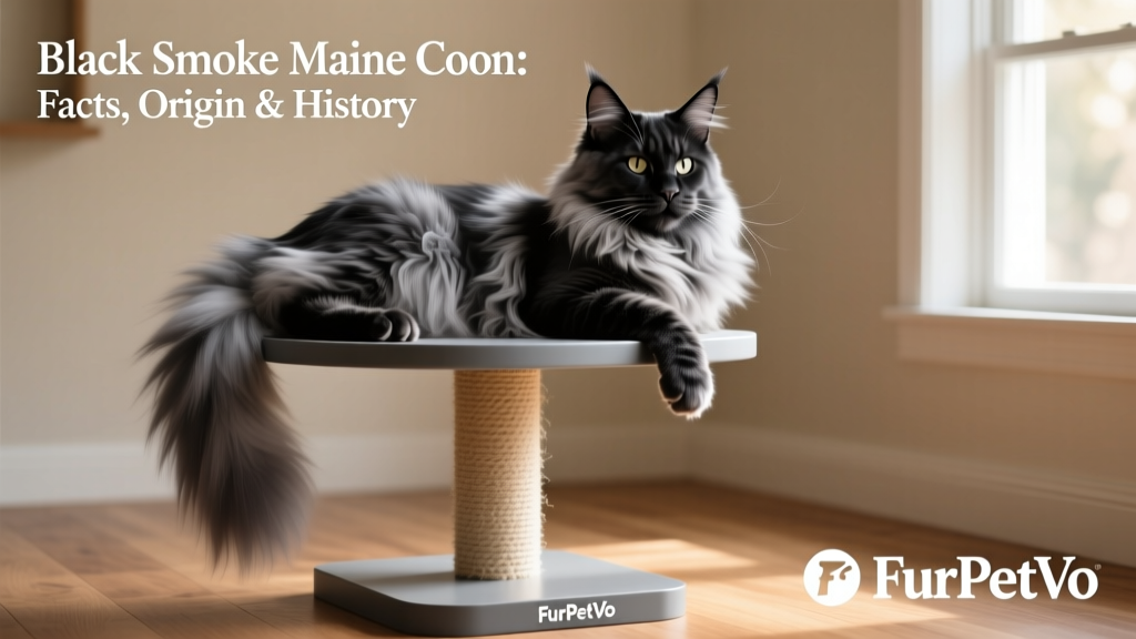 A Black Smoke Maine Coon lounging beside a FurPetVo-branded cat tree, looking relaxed and confident, with soft natural lighting highlighting its smoky coat gradient
