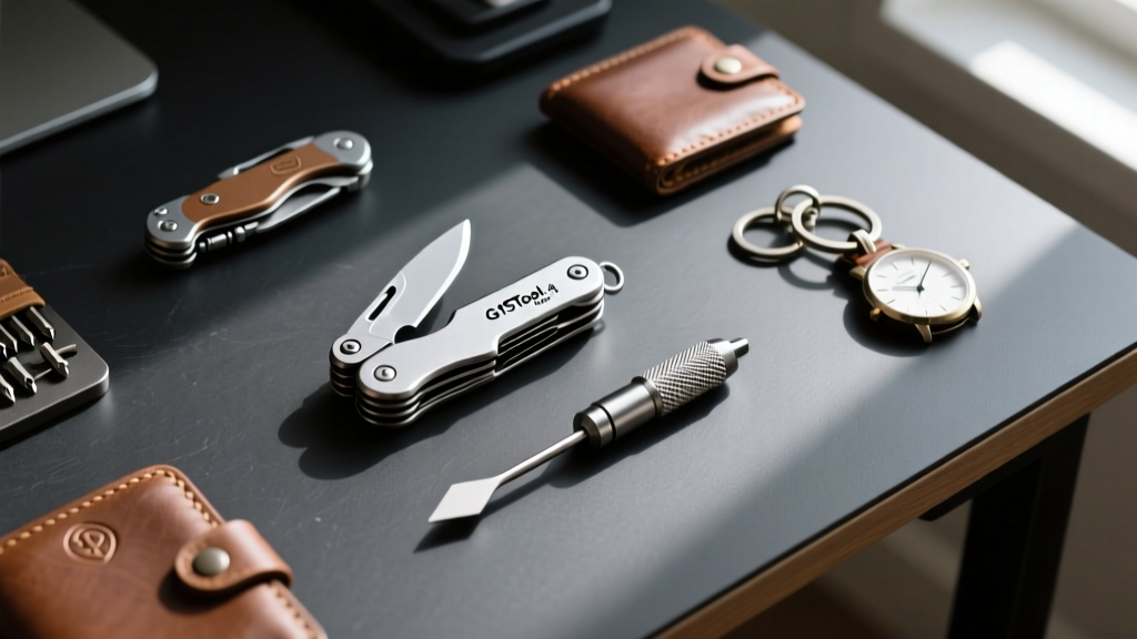 Flat lay of G15Tool Mod-1 multitool, titanium pry bar, and magnetic bit driver on a dark slate desk with EDC gear