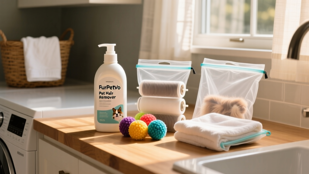 Assortment of FurPetVo pet-hair removal products arranged neatly on a laundry room counter: detergent bottle, lint rollers, dryer balls, and mesh laundry bags