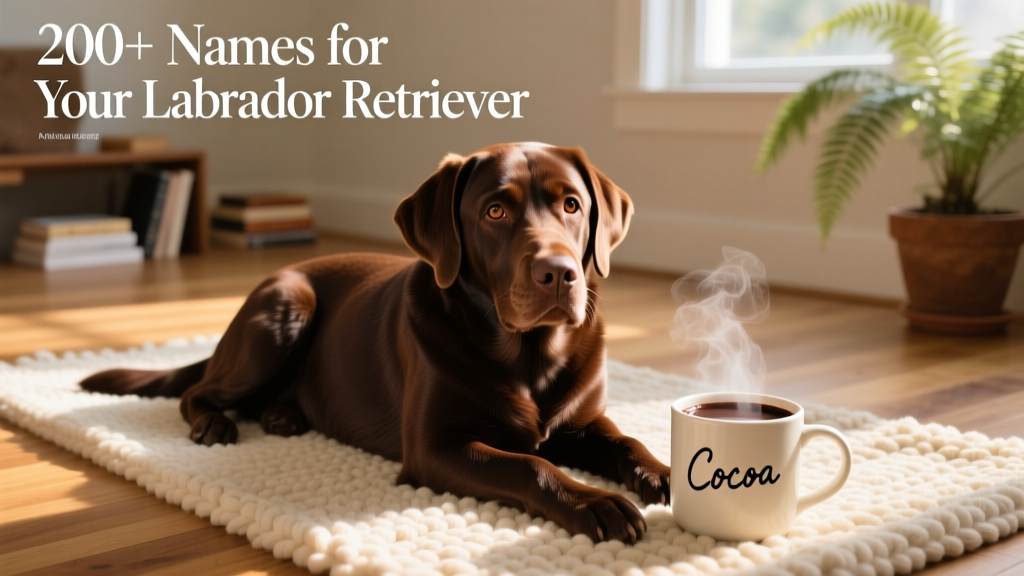 A chocolate Labrador Retriever resting on a cozy rug beside a steaming mug of cocoa