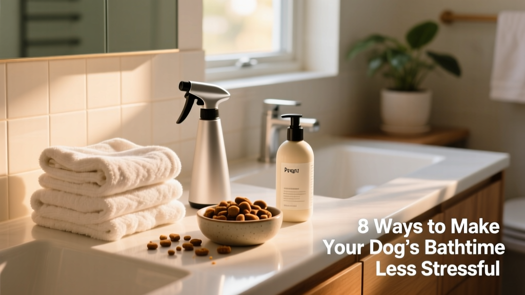 A neatly organized bathroom counter with dog shampoo, towels, treats, and a handheld sprayer