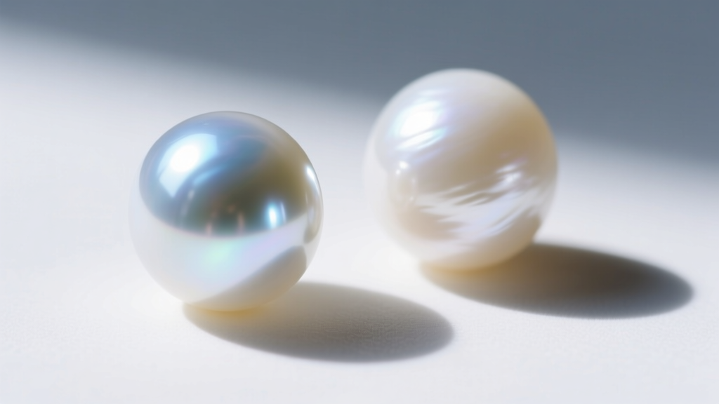 Macro view of two white pearls, contrasting the sharp mirror luster of an Akoya with the soft satin glow of a freshwater pearl.