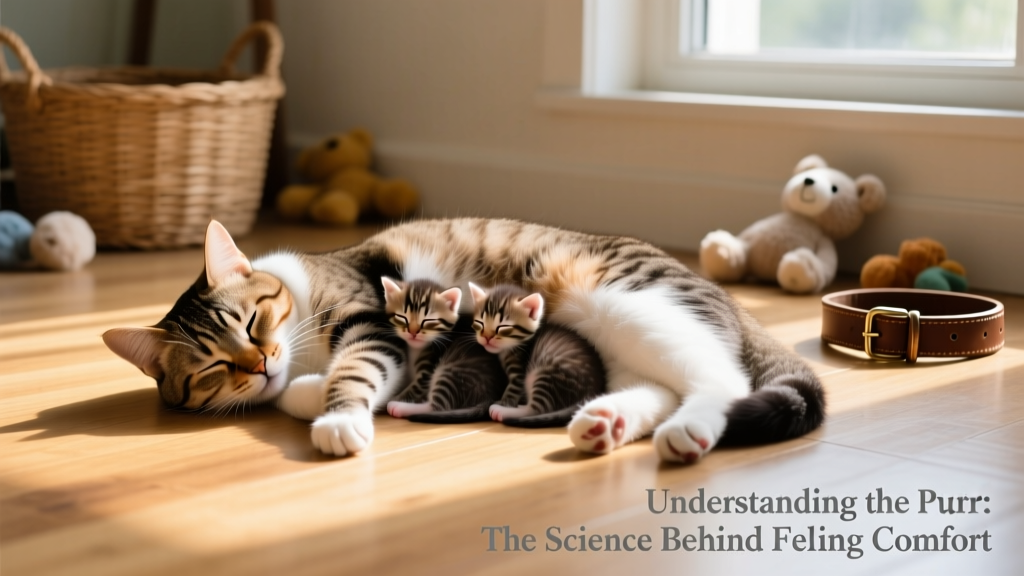 Mother cat lying beside her kittens, all softly purring