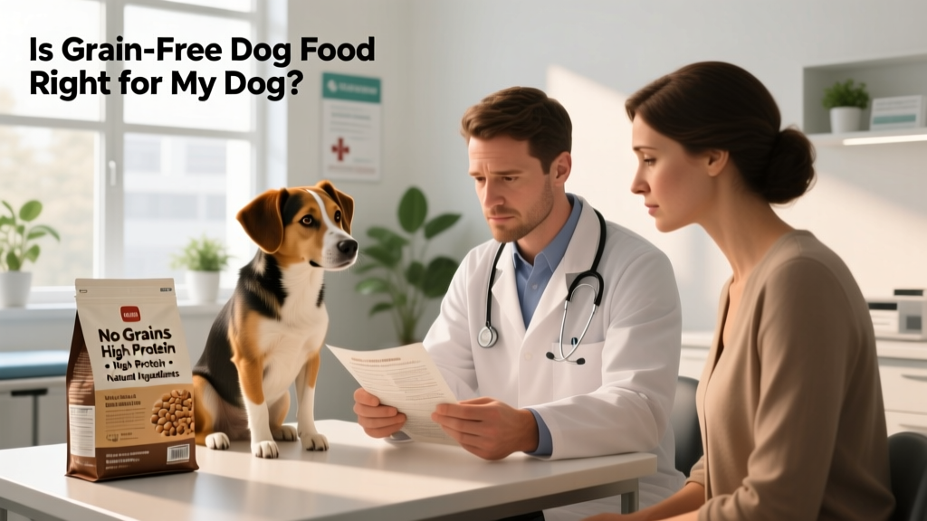 Veterinarian reviewing a dog food label with a client and their dog in a calm clinic setting