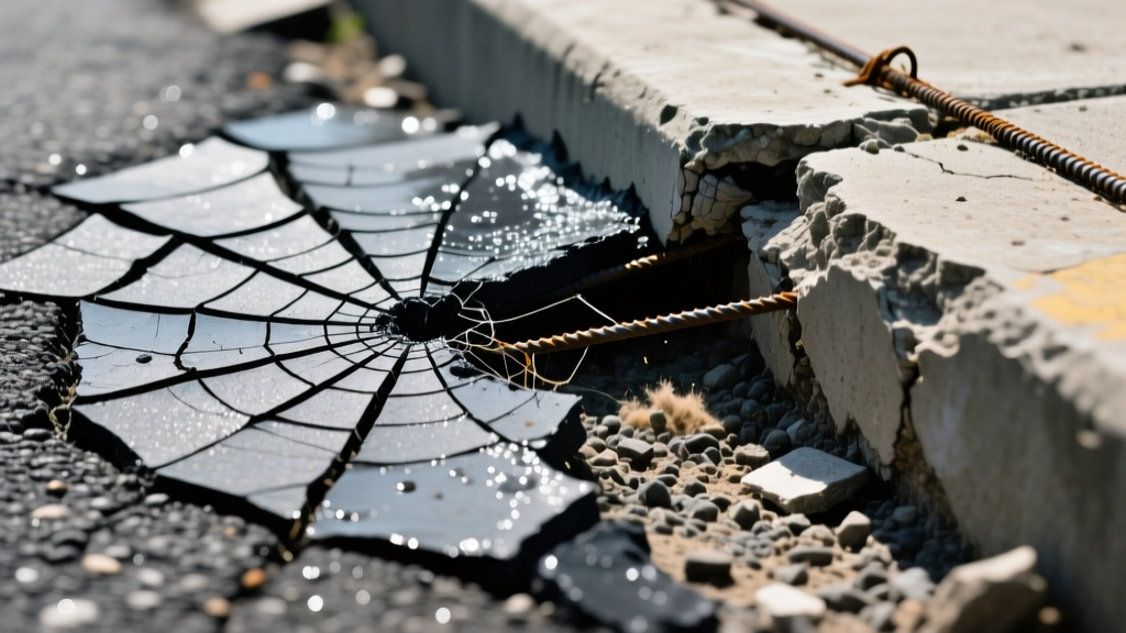 Close-up of severe alligator cracking on an asphalt road adjacent to a spalled concrete pavement joint, highlighting contrasting repair needs