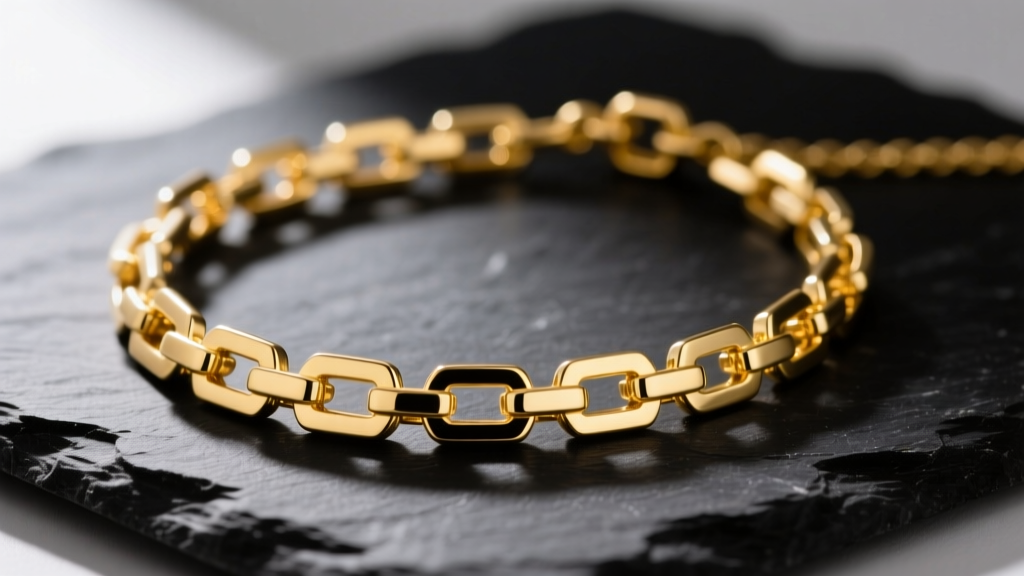 Macro photo of 18k yellow gold book chain necklace on dark slate, highlighting interlocking rectangular links and a flat profile.