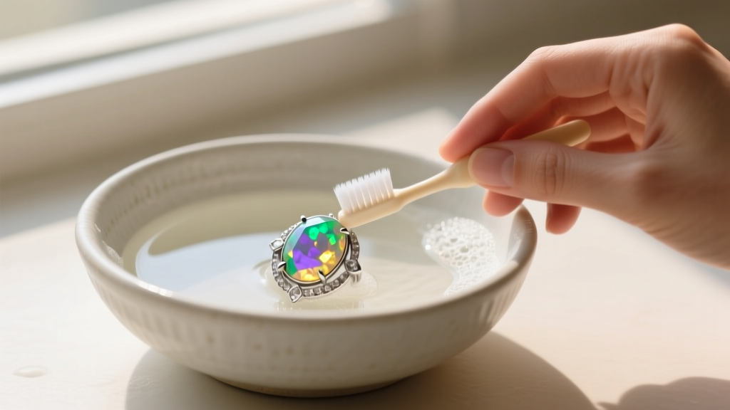 Hands gently brushing an opal gemstone in sterling silver with a soft baby toothbrush over a ceramic bowl of soapy lukewarm water