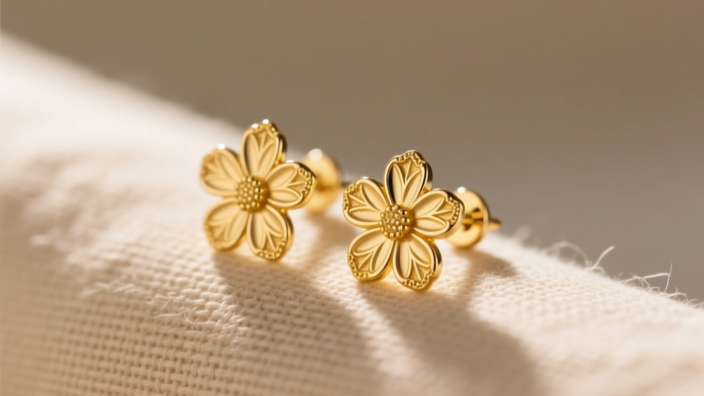 Close-up of 14k yellow gold daisy stud earrings on textured beige linen, soft morning light highlighting intricate petal detail.
