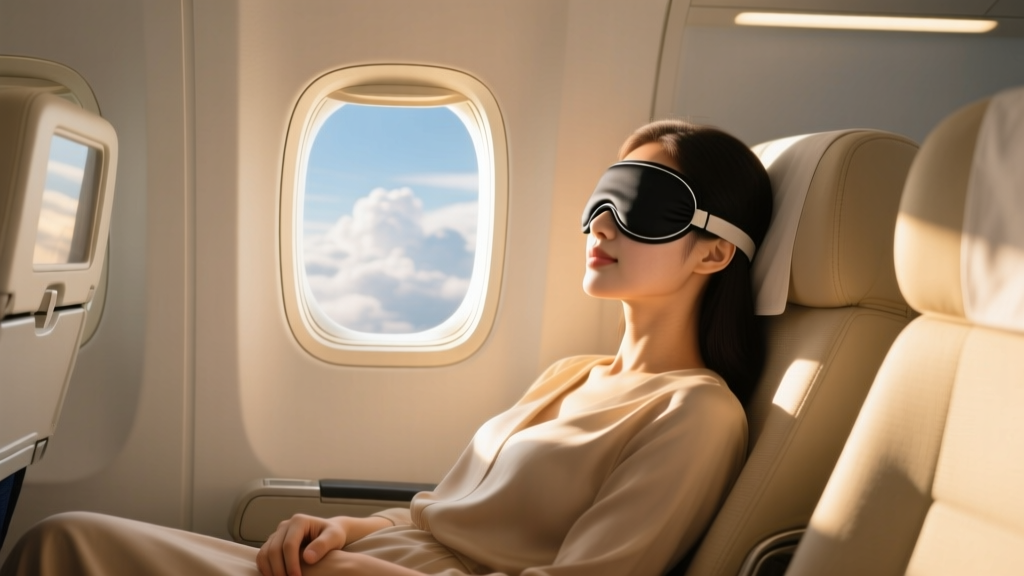 Woman wearing a contoured black sleep mask with adjustable eye cups, sleeping peacefully in an airplane window seat with sunlight.