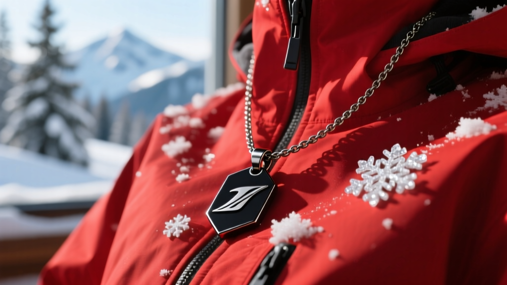 Close-up of a matte black titanium ski necklace pendant resting on a bright red ski jacket, with snowflakes visible on the fabric