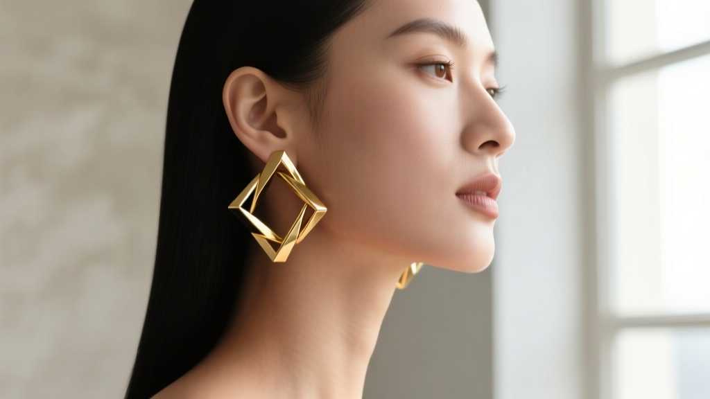 Side profile of a model wearing medium interlocking geometric gold hoops, showing how the linked design frames the jawline.