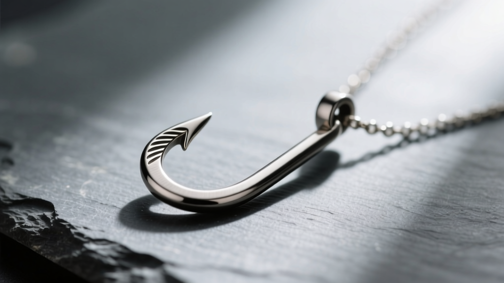 Macro shot of a titanium fishhook necklace on slate, showing the milled inner curve and a matte bead-blasted metal surface finish