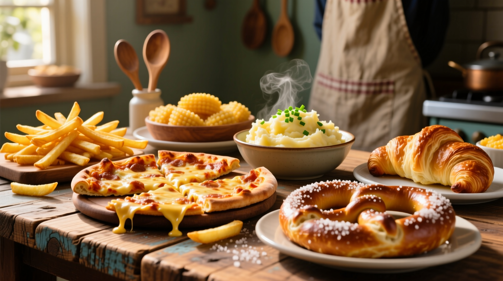 Colorful assortment of high-carb foods on wooden table