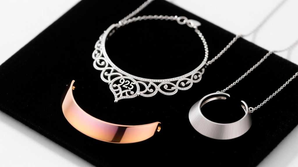 Three 444 necklaces on black velvet: 925 sterling silver, 14k rose gold, and brushed titanium, top-down macro jewelry photography