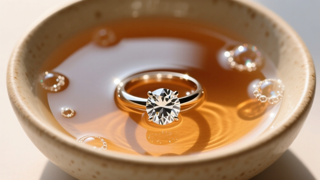 Overhead view of a natural diamond ring resting in a ceramic bowl of warm soapy water, illuminated by soft morning light.